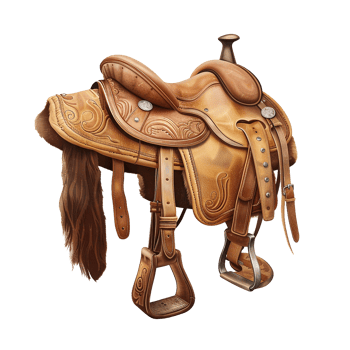 Handcrafted Western Leather Saddle with Intricate Carvings and Fringes png