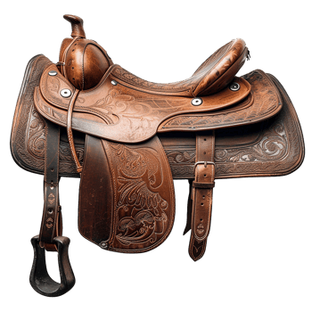Antique Brown Leather Western Saddle with Intricate Tooled Design png