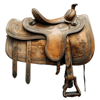 Antique Hand Tooled Leather Western Saddle with Intricate Carvings and Floral Designs png