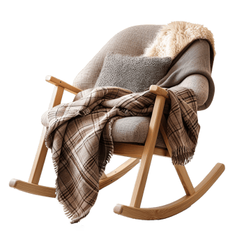 Cozy Wooden Rocking Chair with Plaid Blanket and Soft Pillows for Relaxing Reading png