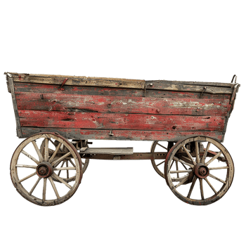 Antique Red and Wooden Farm Wagon with Spoked Wheels png