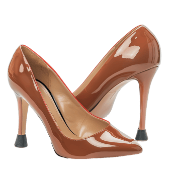 Stunning Brown Patent Leather High Heels with Black Heel Protectors png