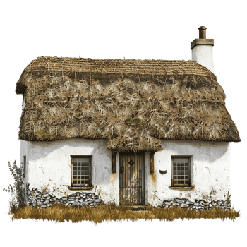 A Charming ThatchedRoof Cottage in Rural Setting with Stone Foundation png