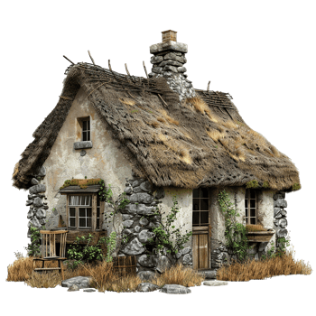 A Charming Rustic Stone Cottage with Thatch Roof and Overgrown Vegetation png