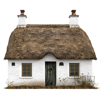 Charming Irish Thatched Cottage with Whitewashed Walls and Rustic Door png