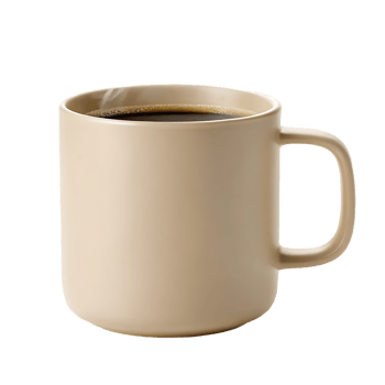 A cup of hot coffee, steaming, in a beige mug. png