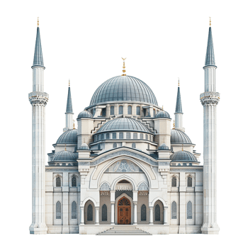 Magnificent Architecture of a Modern Mosque with Twin Minarets and Multiple Domes png