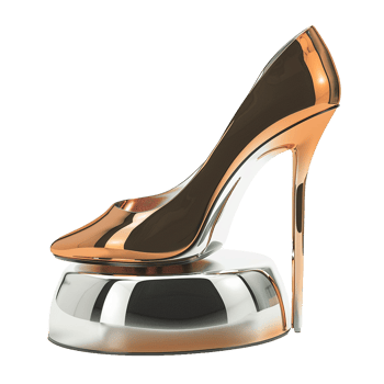 Elegant Rose Gold High Heel Shoe on a Polished Silver Stand Artistic 3D Render png
