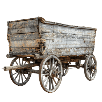 Antique Wooden Farm Wagon with Spoked Wheels Rustic Weathered Gray Cart png