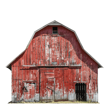 A weathered red barn stands tall against a bright sky, showcasing its aged beauty and rustic charm png