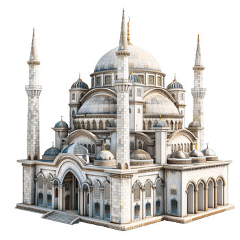 A Architectural Render of a Grand Mosque with Multiple Domes and Minarets png