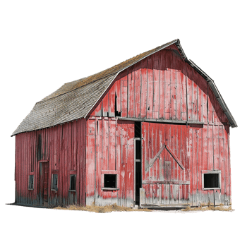 A weathered red barn stands in a field, showing the marks of time and seasons png