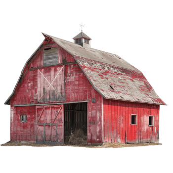 A weathered red barn with a gambrel roof and cupola stands in a field png
