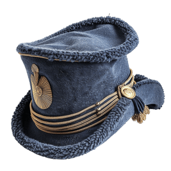Elegant Blue MilitaryStyle Hat with Gold Accents and Fur Trim png