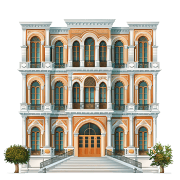 Grand Orange Palace with Extensive Windows and Ornate Facade png