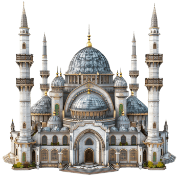 A Magnificent Architectural Rendering of a Grand Mosque with Multiple Domes and Minarets png