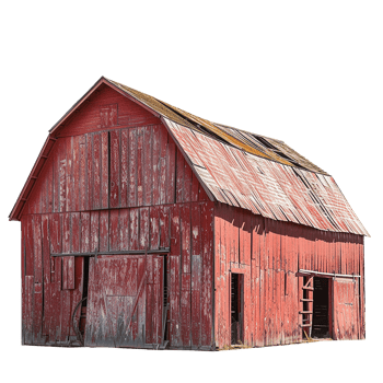 A weathered red barn stands in a field showcasing its rustic charm and aged beauty png