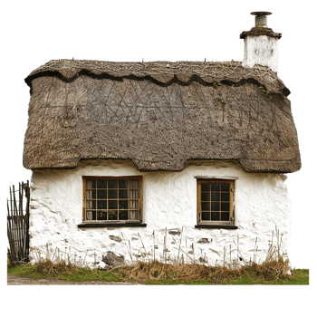 Charming Rustic Thatched Roof Cottage with Whitewashed Walls and Small Windows png