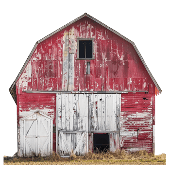 Rustic Red Barn with Weathered White Doors and Peeling Paint in a Farm Setting png