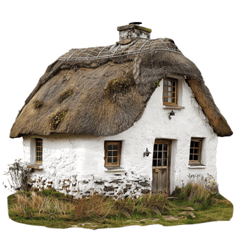 Charming ThatchedRoof Cottage in Rural Setting with Stone Walls and Small Windows png