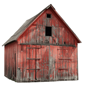 A weathered rustic red barn with aged wood planks and a gabled roof png