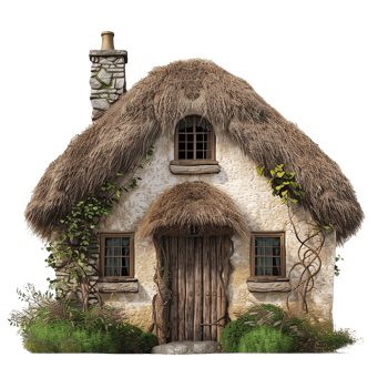 Enchanted Fairytale Cottage with Thatched Roof and Stone Chimney png