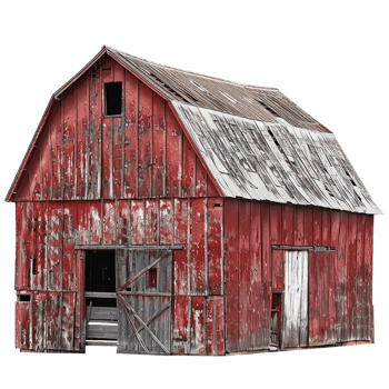 A weathered red barn stands tall against a pale sky, showcasing its rustic charm and aged beauty with peeling paint and decaying wood. The barn's weathered exterior tells a story of time passed. png