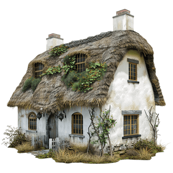 Enchanted Cottage with Thatched Roof and Lush Greenery png