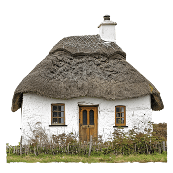 Charming ThatchedRoof Cottage in Rural Setting with Whitewashed Walls png