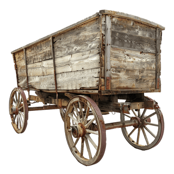 Antique Wooden Farm Wagon with Rusted Wheels and Weathered Wood png