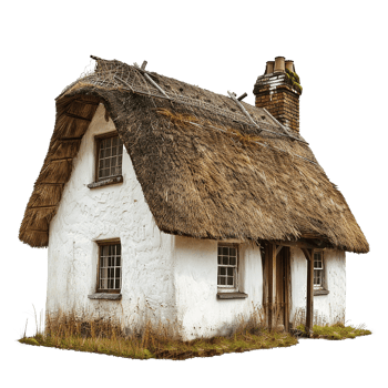 Charming rustic thatched cottage with whitewashed walls and brick chimney png