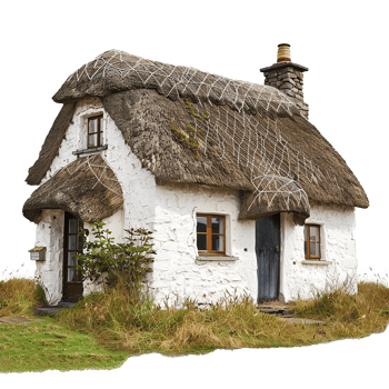 Charming Thatched Roof Cottage in the Countryside with Stone Walls and Lush Greenery png