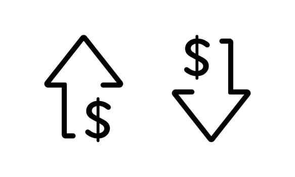 Dollar arrow up and down icon isolated on white background. USD currency growth and decline sign symbol vector
