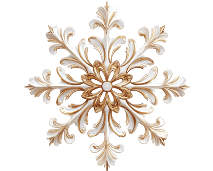 Stylized snowflake with curved edges, featuring intricate floral designs in white and gold. This elegant decoration adds touch of sophistication to any winter theme png
