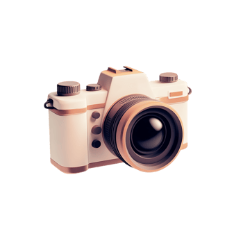 3D camera with a black lens and a white body isolated on transparent background png