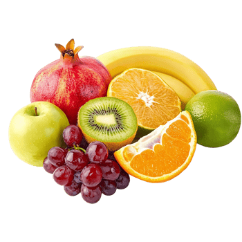 fresh fruit still life with banana, grapes, orange, and apple. png