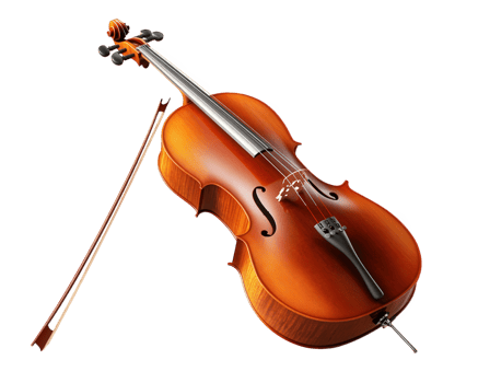 cello standing upright with bow, showcasing its elegant design and rich wood finish. This instrument is perfect for classical music enthusiasts and adds touch of sophistication to any setting png