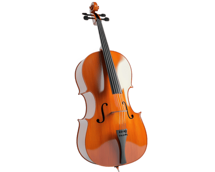 cello standing upright with bow, showcasing its elegant design and rich wood finish. This string instrument is perfect for classical music enthusiasts png