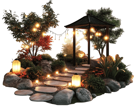 A garden with lights and rocks png