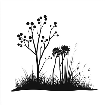 Elegant Tree Silhouette with Wild Grass Nature's Silent Portrait png