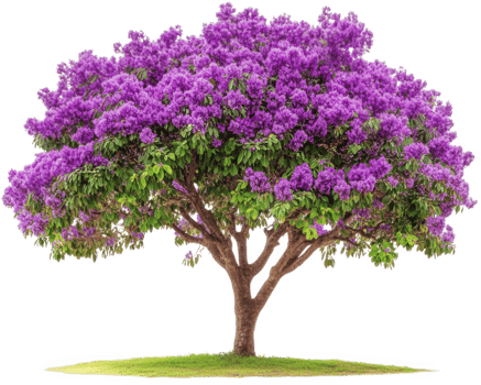 A purple tree with green leaves and purple flowers png