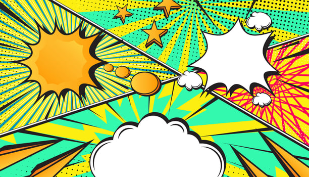 Colorful Bright Green Retro Comic Book Explosion with Pop Art Style, Halftone Dots, Speech Bubbles, and Dynamic Action Bursts with Set of Vibrant Comic Page Frames and blank Conversation Panels vector