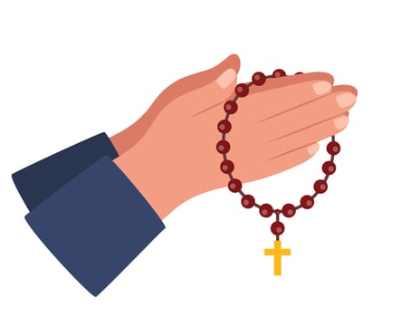 Praying hands holding brown wooden catholic rosary beads. Religious symbols. Praying symbol. Hands prayer. illustration. vector