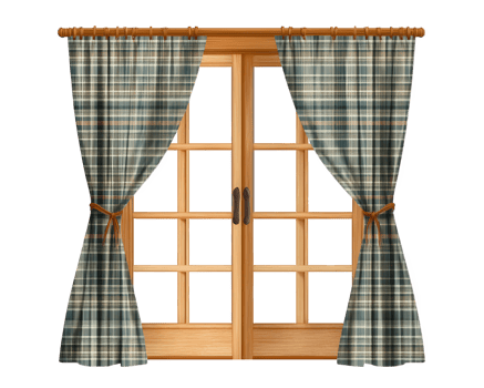 An open window with curtains and a wooden door png