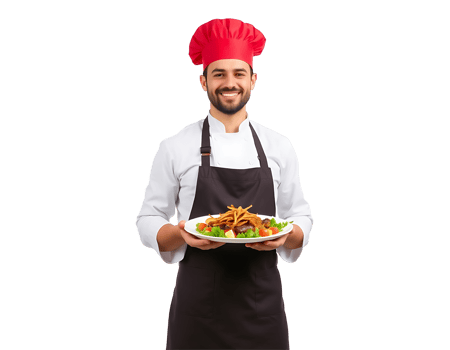 Smiling chef presenting a gourmet meal. png