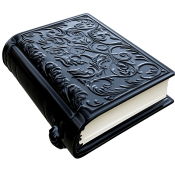 Mysterious black leather book intricate embossed patterns on the cover looking ancient magical full of secrets png