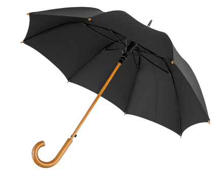 A classic black umbrella with curved wooden handle, perfect for rainy days. Its elegant design combines functionality and style, making it must have accessory png