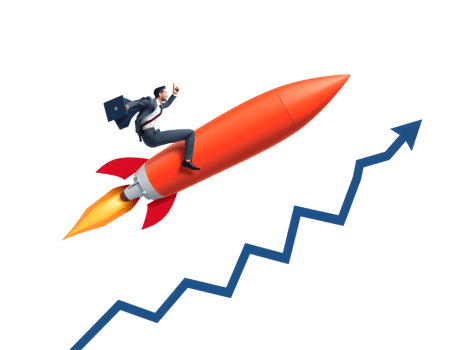 Business man on a rocket with a rising graph symbolizing growth and success. png