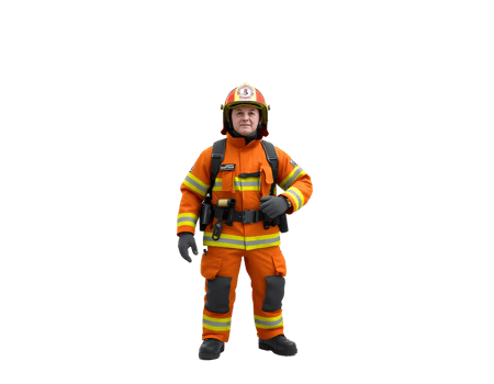 Firefighter in full gear standing ready for action png