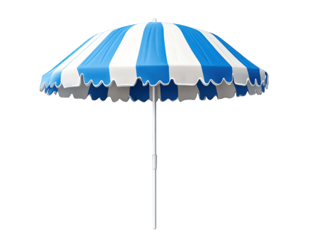 Beach umbrella with blue and white stripes, perfect for sunny days at shore. This stylish accessory provides shade and comfort for outdoor relaxation png